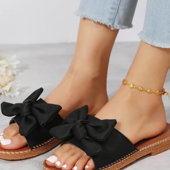 VERDUSA • Open Toe Flat Black Bow Knot Sandals Slides 🌺 - Picture 2 of 7